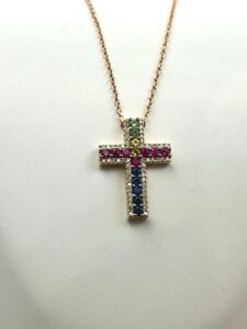 Davite&Delucchi Collier con croce in oro rosa 18kt, zaffiri colorati e diamanti taglio brillante